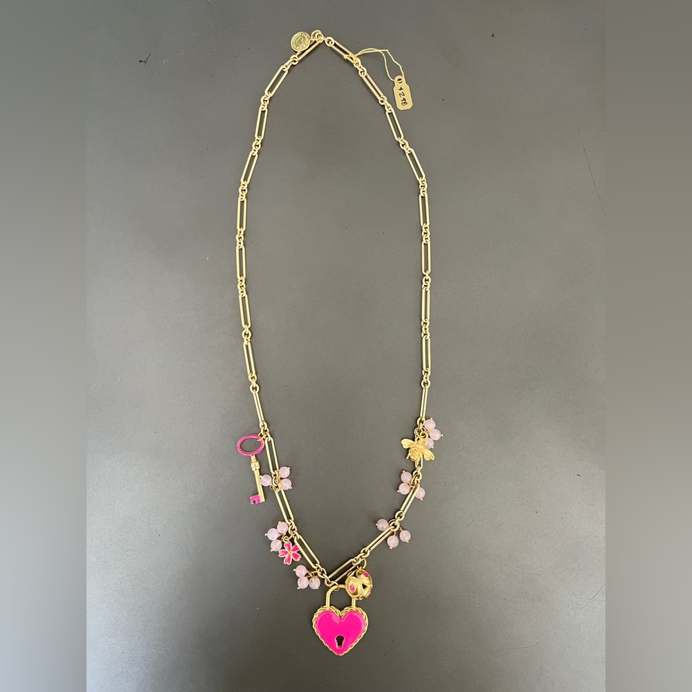 Grace Gonzalez Necklace- pink and gold chunky charm long necklace